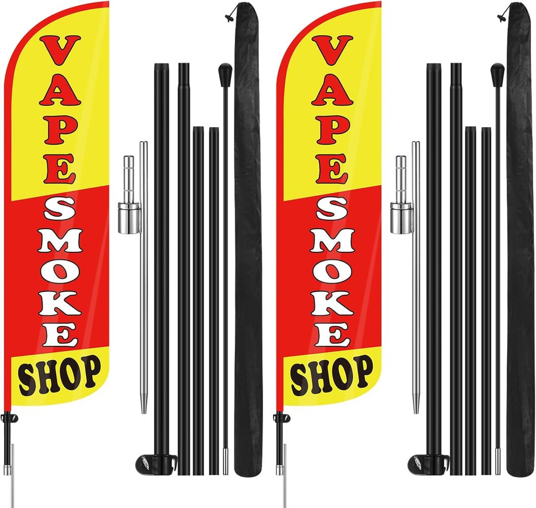 2 Pack 15 Feet Smoke Shop Flags Feather Signs Smoke Shop Swooped Banners with Flag Pole Kit for Outside Outdoor Business Advertising Decoration