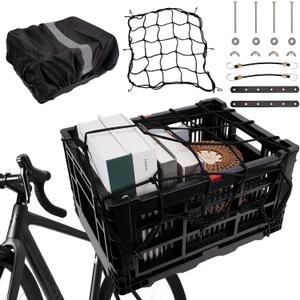 Bike Basket Rear Folding Large Capacity Bicycle Storage Basket with Waterproof Cover, Collapsible Bike Milk Crate for Shopping, Outings, and Pet Transport, Great for E-Bikes, Black