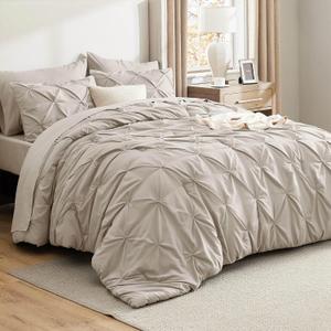 Bedsure Oversized Queen Comforter Set Beige - Bed in a Bag Bedding Set 7 Pieces, GentleSoft Pintuck Bed Set Gift for Family, All Season Down Alternative Comforter with Sheets, Pillowcases & Shams