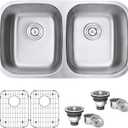 Ruvati 32-Inch Undermount Kitchen Sink  50/50 Double Bowl Kitchen Sink, 16 Gauge T-304 Stainless Steel Sinks, Deep Basin Sinks, Brushed Finish  RVM4300 (32.25 x 18.5 x 9 in)