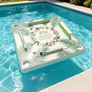 Floating Mahjong Table for Pool, 32x32 Inch Waterproof Tray with Official Rules, Cup Holders and Tile Grooves, for Mahjong, Cards, Poker, Dominoes, Pool, Hot Tub, Lake, Beach - Tropical Floral