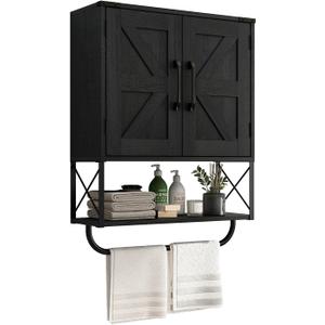 RUSTOWN Farmhouse Medicine Cabinet with 2 Barn Door, Wood Wall Mounted Storage Cabinet with Adjustable Shelf and Towel Bar, 3-Tier Bathroom Cabinet for Bathroom, Living Room(Black, Medium)