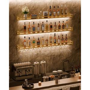 RGB LED Wall Mount Wine Rack, 48" 3-Tier Bar Shelf with Glass Holder, Gold