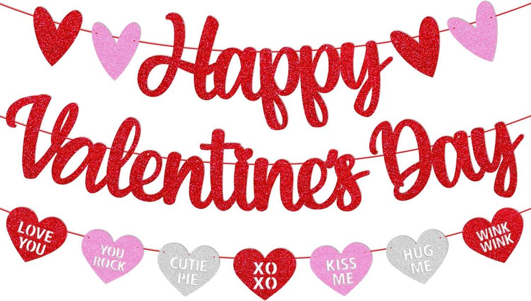 Happy Valentines Day Banner Glitter Red Pink Heart Garland Decorations Valentines Day Party Supplies Romantic Valentine Party for Home Classroom Decorations