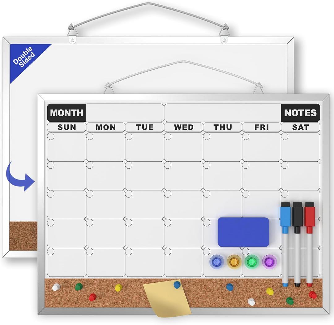 Monthly Calendar Dry Erase Board 16x12 Inch, Double-Sided Whiteboard and Corkboard Combo, Wall Mounted Planner Organizer with Markers, Magnets, Push Pins, Eraser, for Home Office School