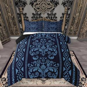 Comforter Set Queen Size,Navy Blue Aztec Damask 3 Pcs Bedding for Kids and Adults,Western Bohemian Baroque Goth Floral Victorian Comforter Sets with No Fitted Sheet 2 Pillowcases for Bedroom Bed Decor
