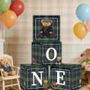 4PCS Green Plaid Teddy Bear ONE Birthday Boxes, Vintage Preppy First Birthday Party Boxes for Baby Shower, Gender Reveal Party Decoration