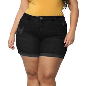 Sghenr Plus Size Women's Ripped Denim Jean Shorts High Waisted Stretchy Folded Hem Short Jeans(SolidBlack,18W)