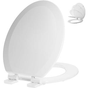 Elongated Toilet Seat Angol Shiold Quiet-Close Molded Wood Toilet Seat with Non-Slip Adjustable Hinges, Anti-Pinch Bumpers, Easy Install & CleanWhite, Elongated 18.5''
