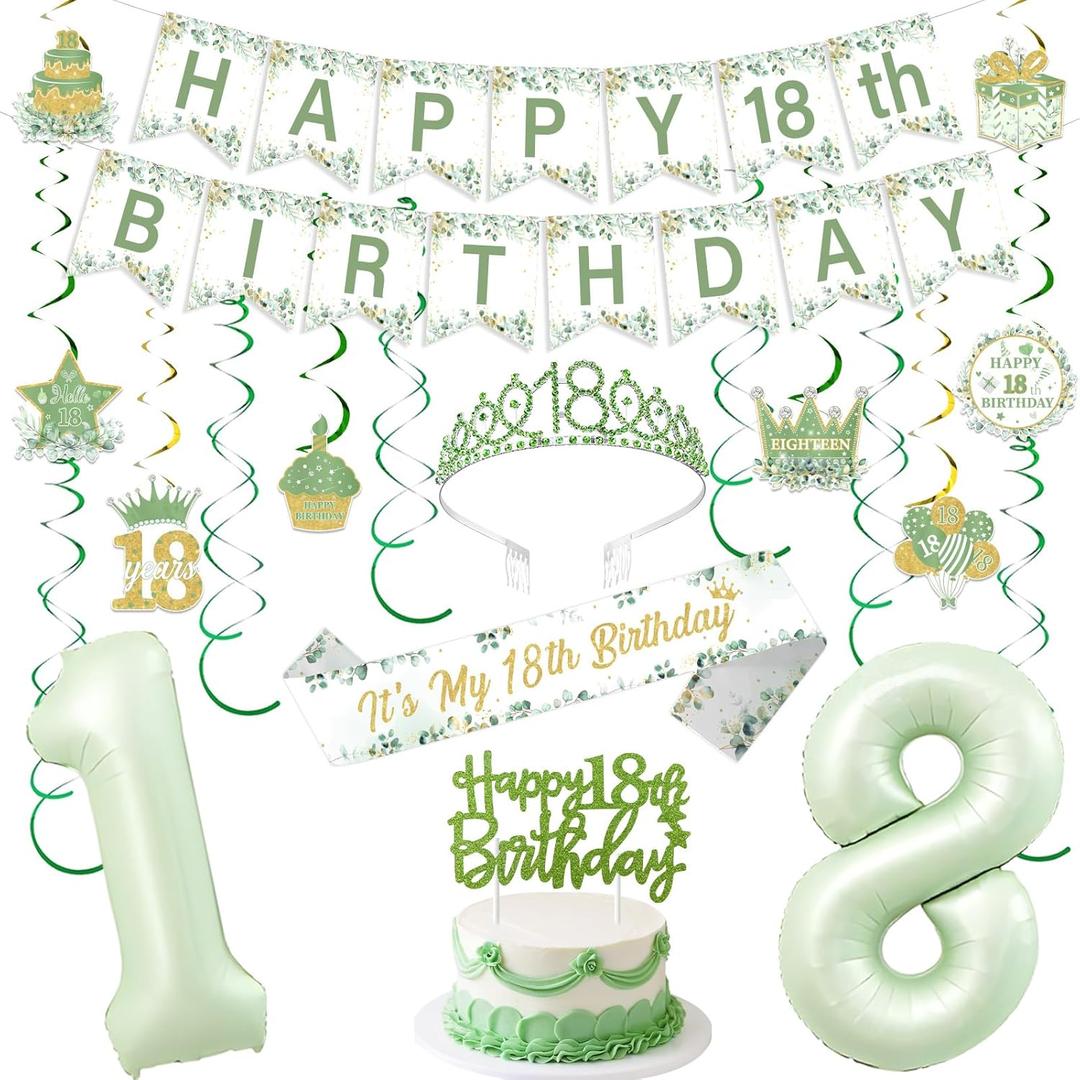 Funmemoir Sage Green 18th Birthday Decorations for Girls - Happy 18th Birthday Banner Cake Topper Hanging Swirls Balloons Crown and Sash for Eighteen Its My 18th Year Old Party