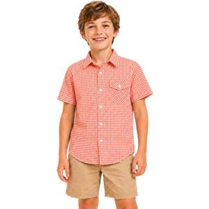 Bienzoe Boys Plaid Cotton Shirt: Button Down Tops | Casual Short Sleeve, Classic Gingham Pattern, Chest Pocket, Breathable for Summer Outdoor Play Picnic Camp (Orange)