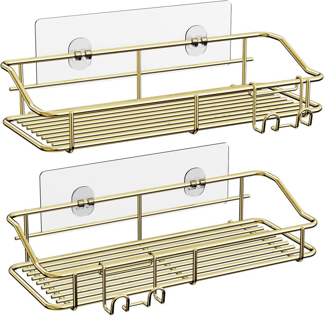 Nieifi Shower Caddy Shelf Storage Rack Adhesive Without Drilling Stainless Steel with Hooks for Washroom, Lavatory, Restroom, Toilet, Bathroom, Kitchen - 2 Pack, Golden