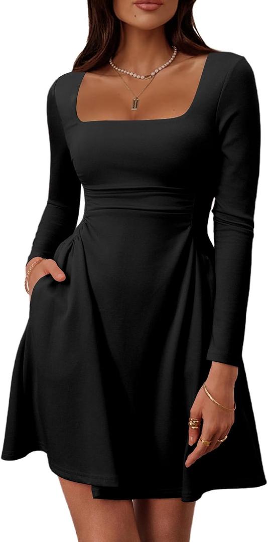 HYPERFIRE Women's Fall Square Neck Long Sleeve Corset Dress Ruched Waist Short Dresses with Pockets (Medium, Black)