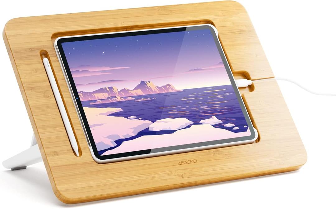 Wooden Tablet Drawing Stand - Adjustable 5 Angle Laptop Stand Riser, Compatible with 12.9/13 inch iPad Pro (3rd - 7th Gen) (Large-Fit iPad Pro 12.9/13 inches-With iPad case, Bamboo)