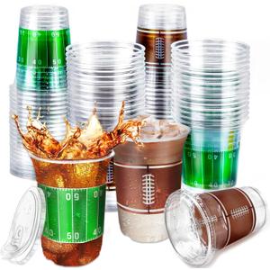 TURNMEON 50 Pcs 16 Oz Football Party Supplies Cups with Lids, Thickened Football Plastic Cup 2 Designs Disposable Spill-Proof Drinking Cups Sports Tailgate Events Party Favors Decorations