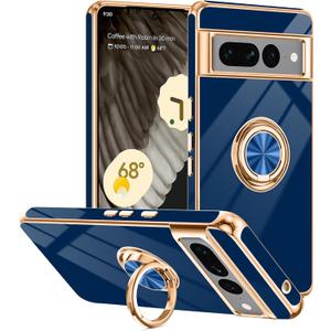 Tnarru Designed for Google Pixel 7 Pro Case with Ring Stand, Support Magnetic Car Mount Rotating Finger Holder Soft TPU Cover Plating Edge Slim Phone Case for Pixel 7 Pro Blue