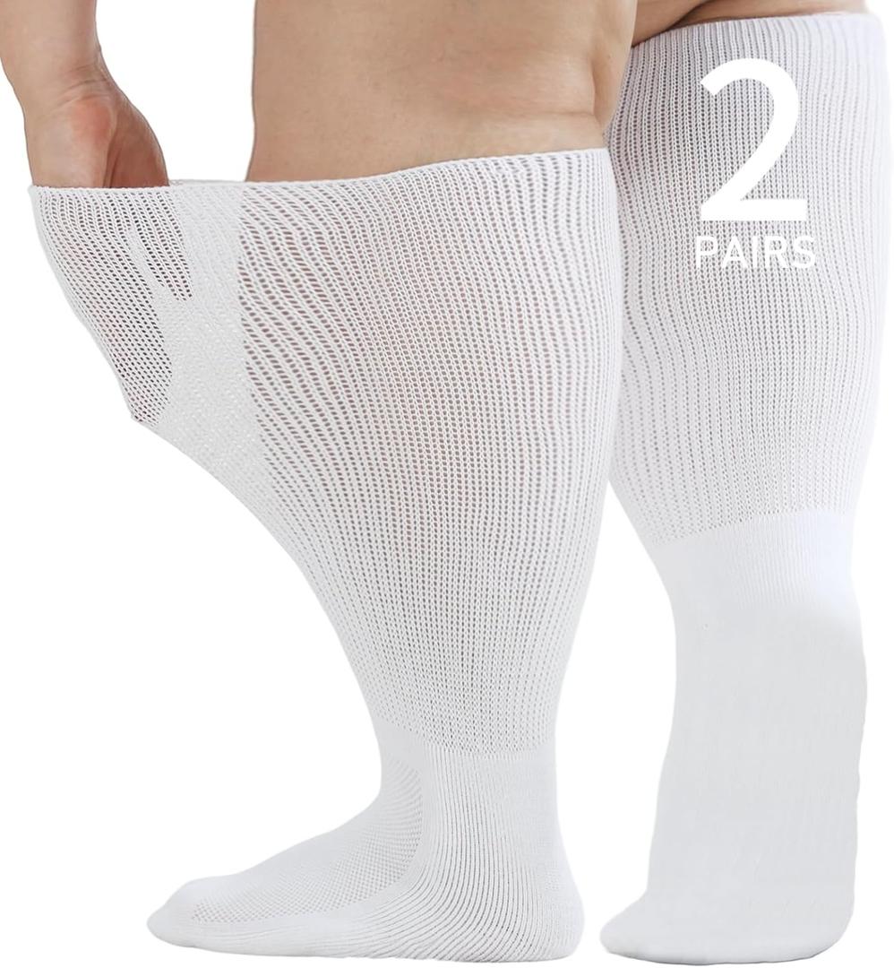 Wide Diabetic Socks for Men Women Plus Size, Extra Long Edema Sock with Thickened Sole, Non-Binding Loose Fit Socks for Swollen Feet, Lymphedema - 2 Pairs White