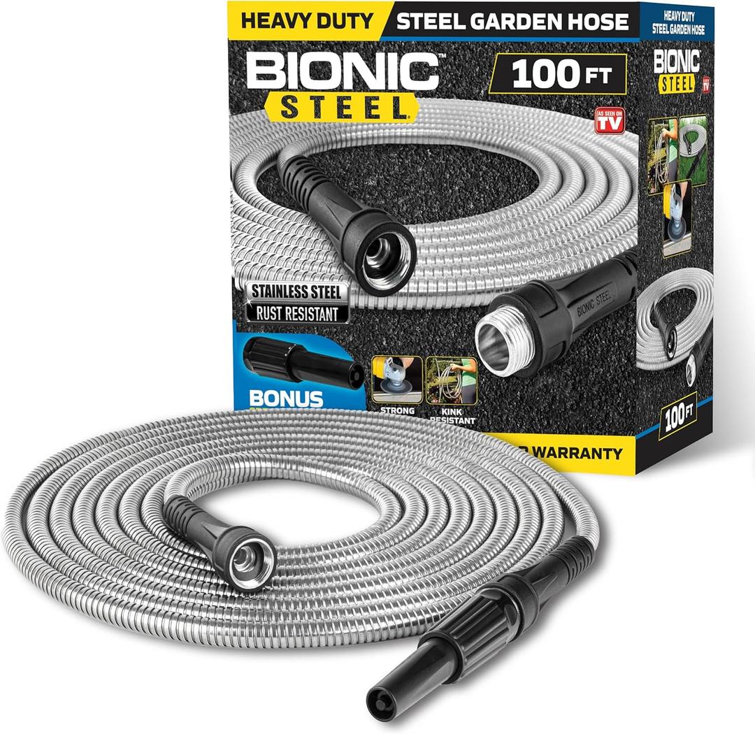 BIONIC STEEL 100 Ft Metal Garden Hose with Sprayer Nozzle, Non Kinking Designed Stainless Steel Heavy Duty Water Hose 100 Ft x 5/8 in. Flexible NON Expandable for Uninterrupted Water Flow, 500 PSI BIONIC STEEL 100 Ft Metal Garden Hose with Sprayer Nozzle, Non Kinking Designed Stainless Steel Heavy Duty Water Hose 100 Ft x 5/8 in. Flexible NON Expandable for Uninterrupted Water Flow, 500 PSI