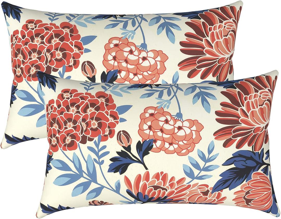 Outdoor Lumbar Pillows 12x20 Inch, Water Repellent Cushion Pillows, Outdoor Pillows with Inserts for Home Garden Pack of 2, Red Chrysanthemum