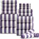 18 Pcs Purple Stripe Bath Towel Set with Hanging Loop-6 Bath Towels,6 Hand Towels,6 Washcloths Soft Family Towels Set Bathroom Towel Highly Absorbent Quick Dry Shower Towel for Beach Spa Gym Hotel