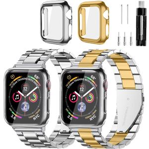 Stainless Steel Band and Case Compatible With Apple Watch Iwatch Ultra Series 11 10 9 8 7 6 5 4 3 2 1 SE 49mm 45mm 46mm 44mm 42mm 41mm 40mm 38mm,Men Women Classic Classy Metal Business (Gold/Silver&Silver)