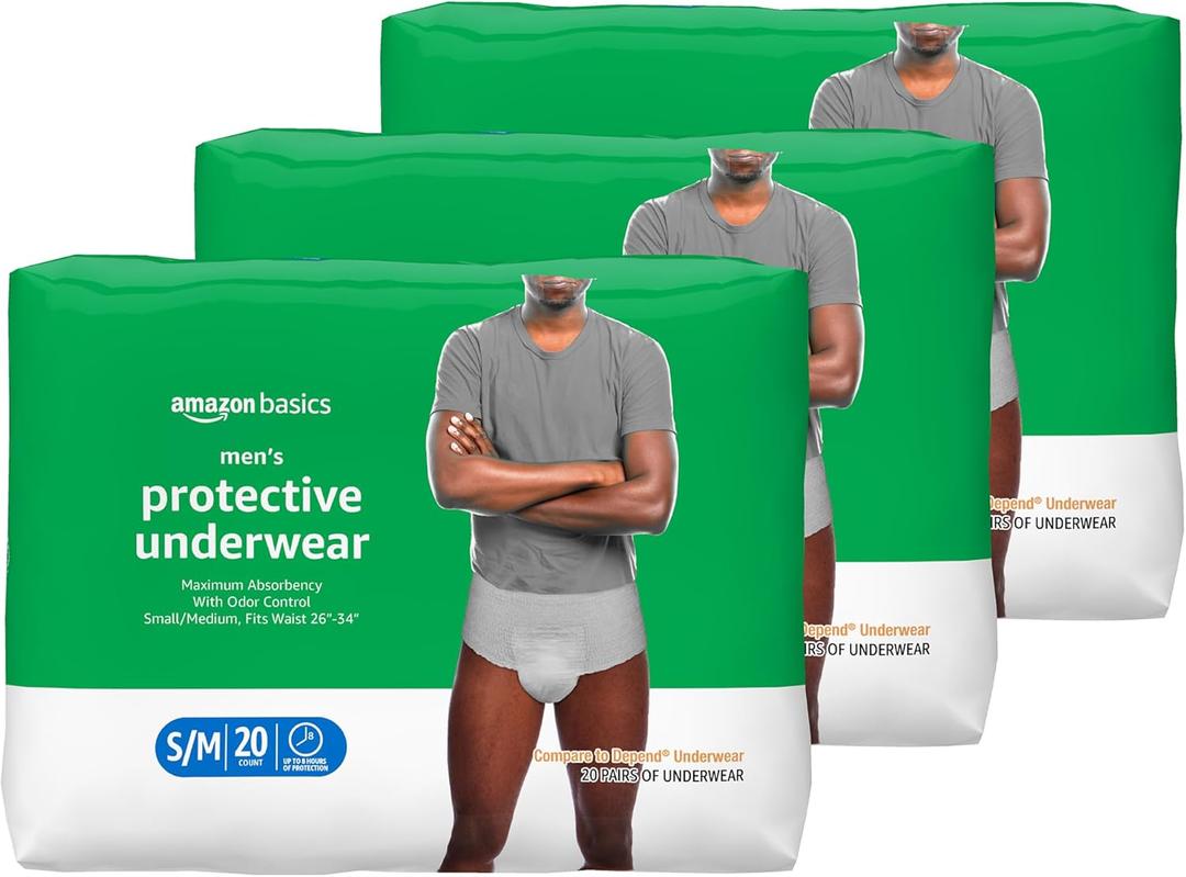 Amazon Basics Incontinence Underwear for Men, Maximum Absorbency, Small/Medium, 60 Count (3 Packs of 20)