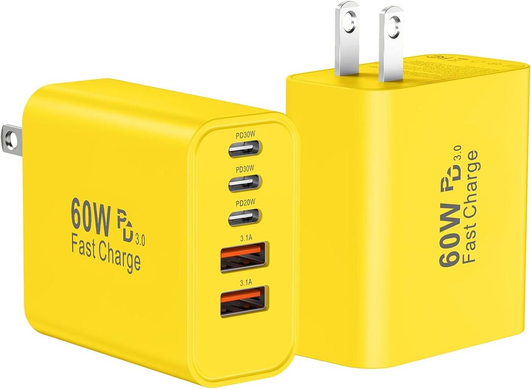 USB C Fast Wall Charger Block, 2Pack 60W USBC Charging Cubes, 5-Port PD+QC Power Adapter Multiport Brick Type C Box Plug for Phone 16/ 15/ 14/ 13/ 12/ 11/ Pro Max/ Plus, Pad Mini/ Pro/ S25/ S24-Yellow
