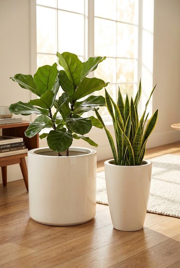 Beige Urn Planters 2 Pack, Pedestal Planter Pots, Decorative Flower Pots, Indoor & Outdoor Use, Drainage Holes & Plugs, Front Porch, Patio & Garden