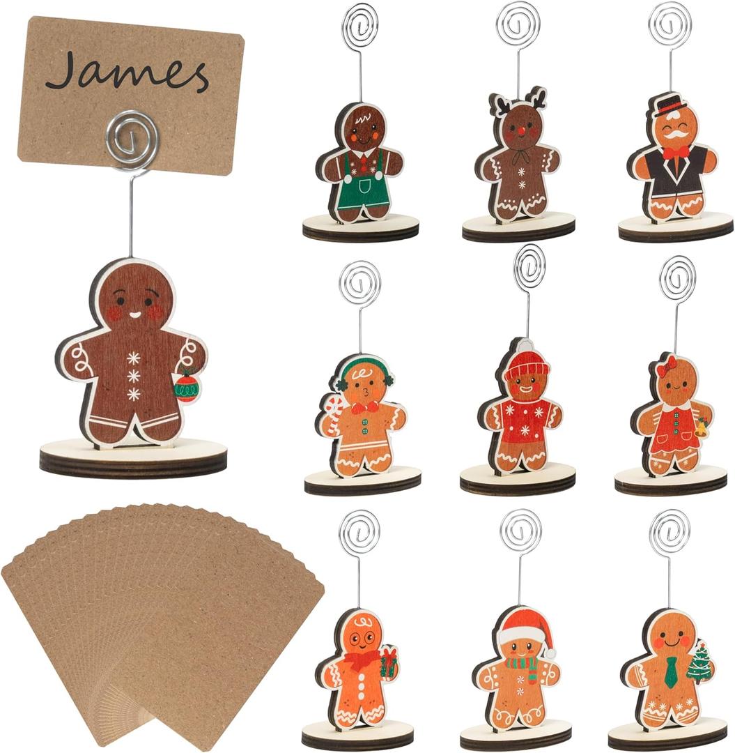 R HORSE 20Pcs Christmas Wood Place Card Holders with Kraft Cards, Cute Table Number Name Holder Photo Picture Memo Clip Stand Gingerbread Man Ornament for Christmas Party Table Decoration Supplies