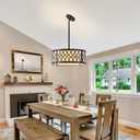 SGLfarmty 15.7" Black Drum Chandelier, 3-Light Semi Flush Mount Ceiling Drum Light Fixture with White Fabric Shade, Farmhouse Hanging Pendant Light for Dining Room Kitchen Island Bedroom