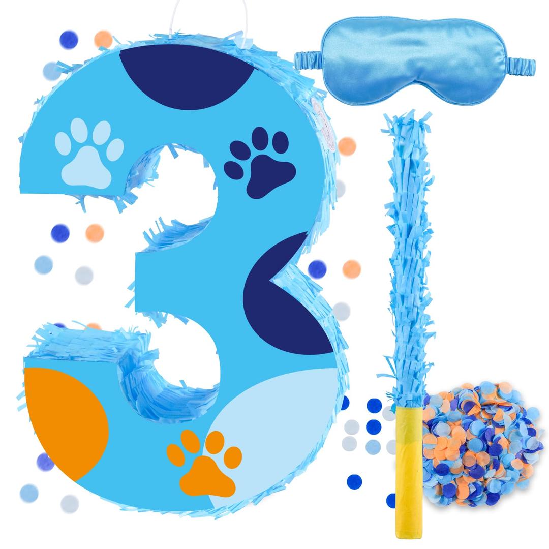16 Inch Number 3 Dog Paw Pinata with 16 Inch Piñata Stick Blindfold Confetti for Boy Girl Kids 3rd Birthday Party Decorations (3rd)