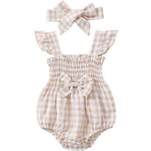 Renotemy Newborn Infant Baby Girl Clothes Rompers Summer Jumpsuits Short Sleeve Romper Infant Baby Clothes Girl (6-12 Months, Plaid Apricot Bow)