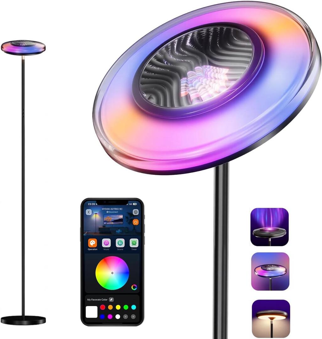 Smart Floor Lamp for Living Room, 66.8" RGB+WW Ripple Projector Floor Lamp, 3-in-1 LED Corner Lamp with RGB+IC Side Light & RA90 Reading Light, Dimmable Mood Light with App Control for Bedroom