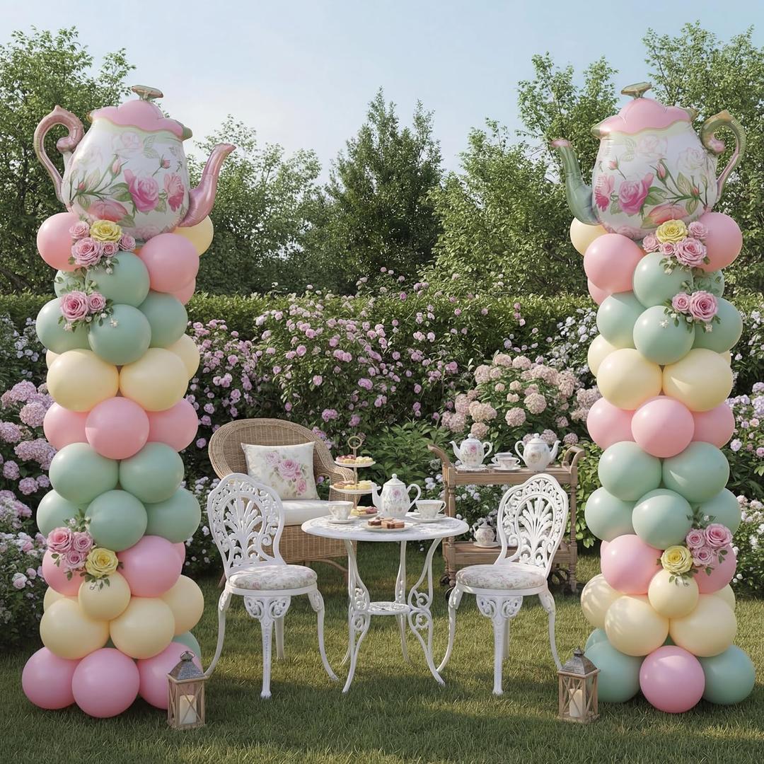 Kasyat 2 Set Tea Party Decorations Balloon Column with Adjustable Balloon Stand Kit, Teapot Balloons for Spring Bridal Shower Wedding Birthday Garden Party, Pastel Macaron Arch Supplies
