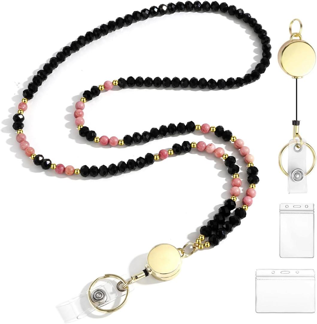 2 x Lanyards for ID Badges for Women Cute,Teacher Lanyard for Women Retractable Natural Crystal Beaded Lanyards for Keys (Rhodonite)