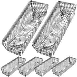 6 Pcs Mesh Silverware Drawer Organizer, Metal Drawer Organizer for Kitchen, Small Utensil Drawers Organizers with Interlocking Arm for Flatware, Knives, Spoons,Cosmetic (Silver 9 * 3 * 2 inch)