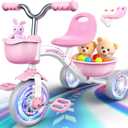 Kkdi Toddler Tricycle for 1-3 3-5 Year Olds, 2 3 4 5 Year Old Girl Birthday Gifts, Pink Toddler Baby Bike, 4-Level Adjustable Seat, 3 Color Light Wheels, 2 Baskets, Outdoor Riding Toys for Ages 2-4