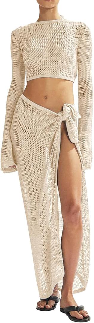 Women's Swimsuits Cover Ups Set for Crochet Bathing Suit Hollow Out 2 Piece Bikini Coverup Beach Swimwear (Large, Beige-1)