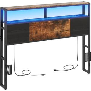 Livofloral Full Size Headboard, Headboards with Charging Station, USB Port and LED Light, Head Board with 2-Tier Storage Shelf, Adjustable Height, Easy Assembly, Sturdy and Stable, Rustic Brown