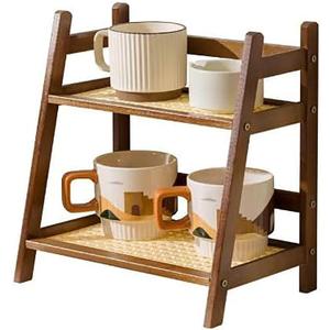 2 Tier Cup Holders Storage Rack, Double Layer Rattan Storage for Dormitory Office Desk, Kitchen, Tea, Plant, Bar Accessories Condiment Display (Wood)
