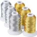 Simthread 6 Spools Metallic Embroidery Machine Thread (3 Gold+ 3 Silver Colors) 500M(550Y) for Embroidery and Decorative Sewing