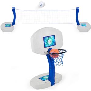 SwimWays 2-in-1 Pool Sport Combo Set - Volleyball Net & Outdoor Basketball Hoop for in- & Above Ground Pool, Outdoor Games for Adults and Family