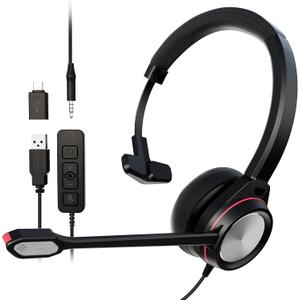 USB Headset with Microphone, Type-c/USB/3.5mm Jack 3-in-1 PC Headset, Wired & Noise Cancelling Headphone with Mic Mute for Call Centers, Teams, Zoom, Home Office, Online Courses