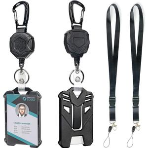 AIDSOTOU Heavy Duty Retractable Keychain Carabiner Badge Reel ID Badge Holder Retractable Clip with Breakaway Lanyard ID Cards Holder Cool Tactical ID Holder (2pack-black-round)