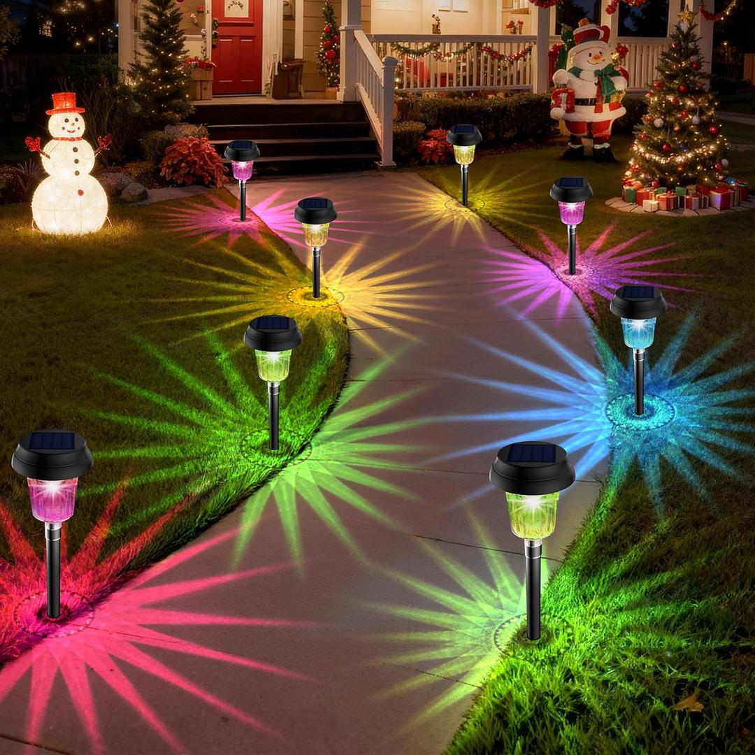 TECKNET 8 Pack Solar Powered Pathway Lights, Auto On/Off Color Changing Solar Stake Lights Outdoor with Warm White & RGB Colored, IP68 Waterproof Pathway Light Outdoor for Yard Walkway Lawn