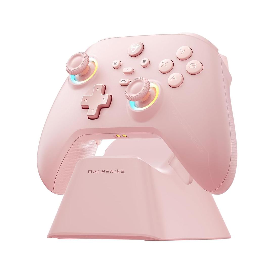 Machenike G3V2 Bluetooth Controller for Pc/Switch/Ios/Android, Hall Effect Joysticks, RGB Lighting Gaming Controller,2 Programmable Buttons,1000mah Battery With Charging Station, Pink (Pink PE UG)