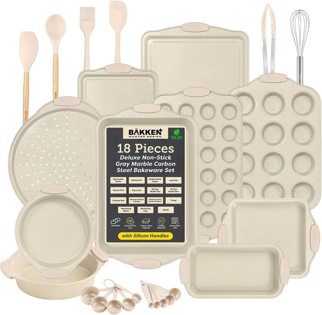 18-Piece Deluxe Nonstick Bakeware Set  Carbon Steel Baking Pans with White Marble Coating & Silicone Handles, Professional Kitchen Oven Set with Tools, Oven Safe to 446F