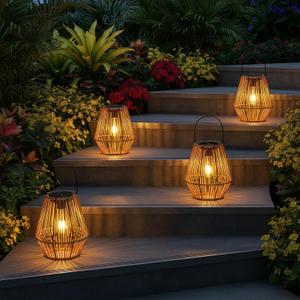 Homemory 4 Pack Rattan Lantern Solar Outdoor Waterproof Hanging Lights | Outside Solar Wicker Lamp Decor with Waterproof Lights for Gardens, Patios, Porches, Pathways, Christmas and Halloween