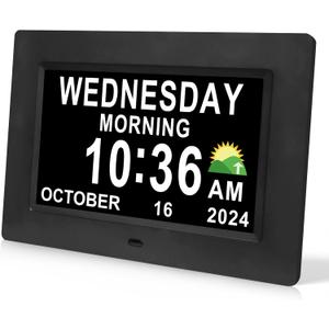 Digital Calendar Dementia Alarm Clock with Day and Date for Elderly - 15 Alarms 5 Colors Display Large Display Alzheimers Clock Large Digital Clock for Seniors (7in Black)