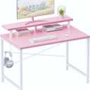 Pamray 32 Inch Small Computer Desk with Monitor Stand, Simple Office Desk with Headphone Hook for Small Spaces, Kids Study Writing Table for Bedroom, Pink